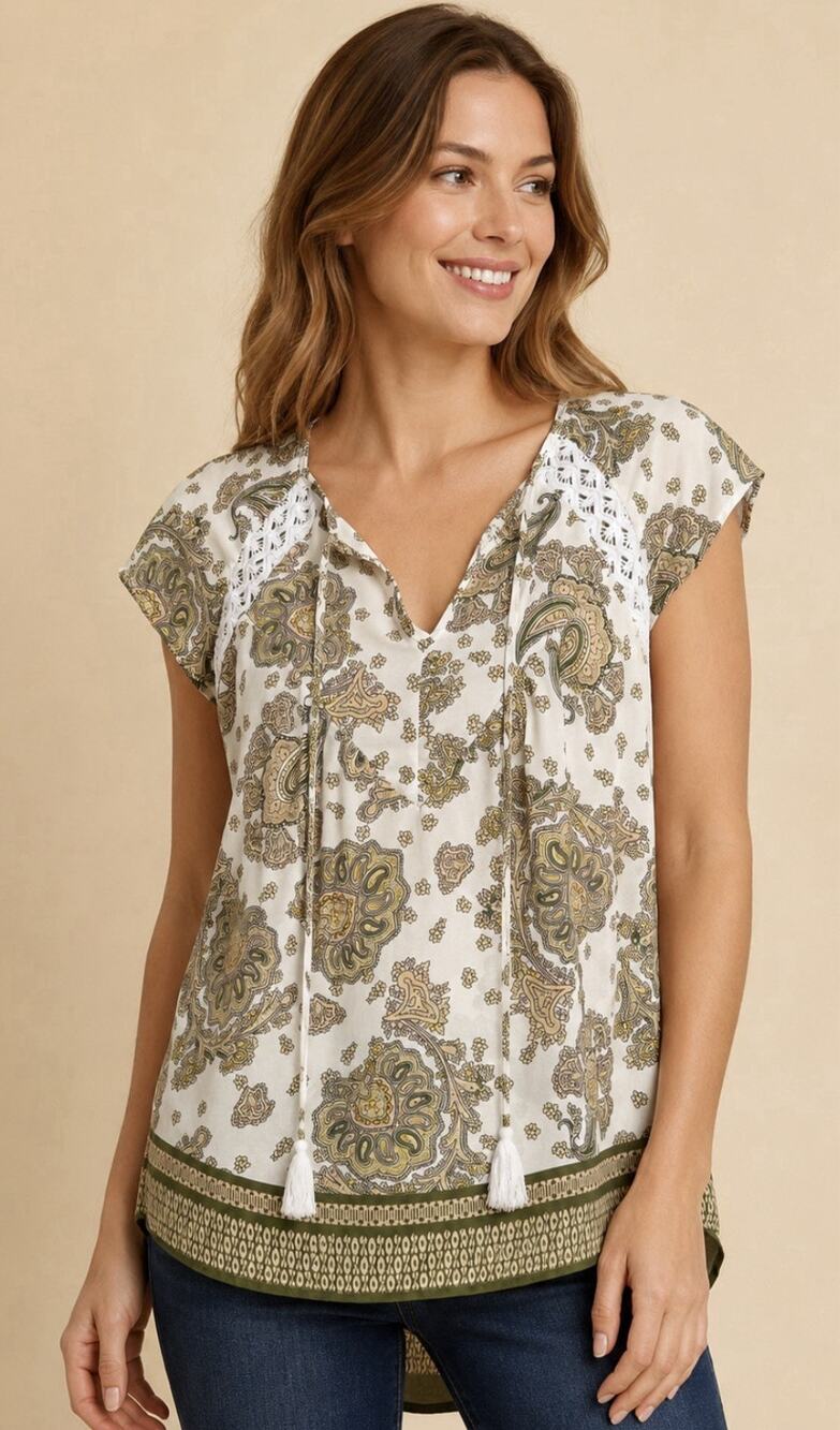 Daniel Rainn Boho-inspired Crochet Accented Paisley Women’s Blouse - Size M